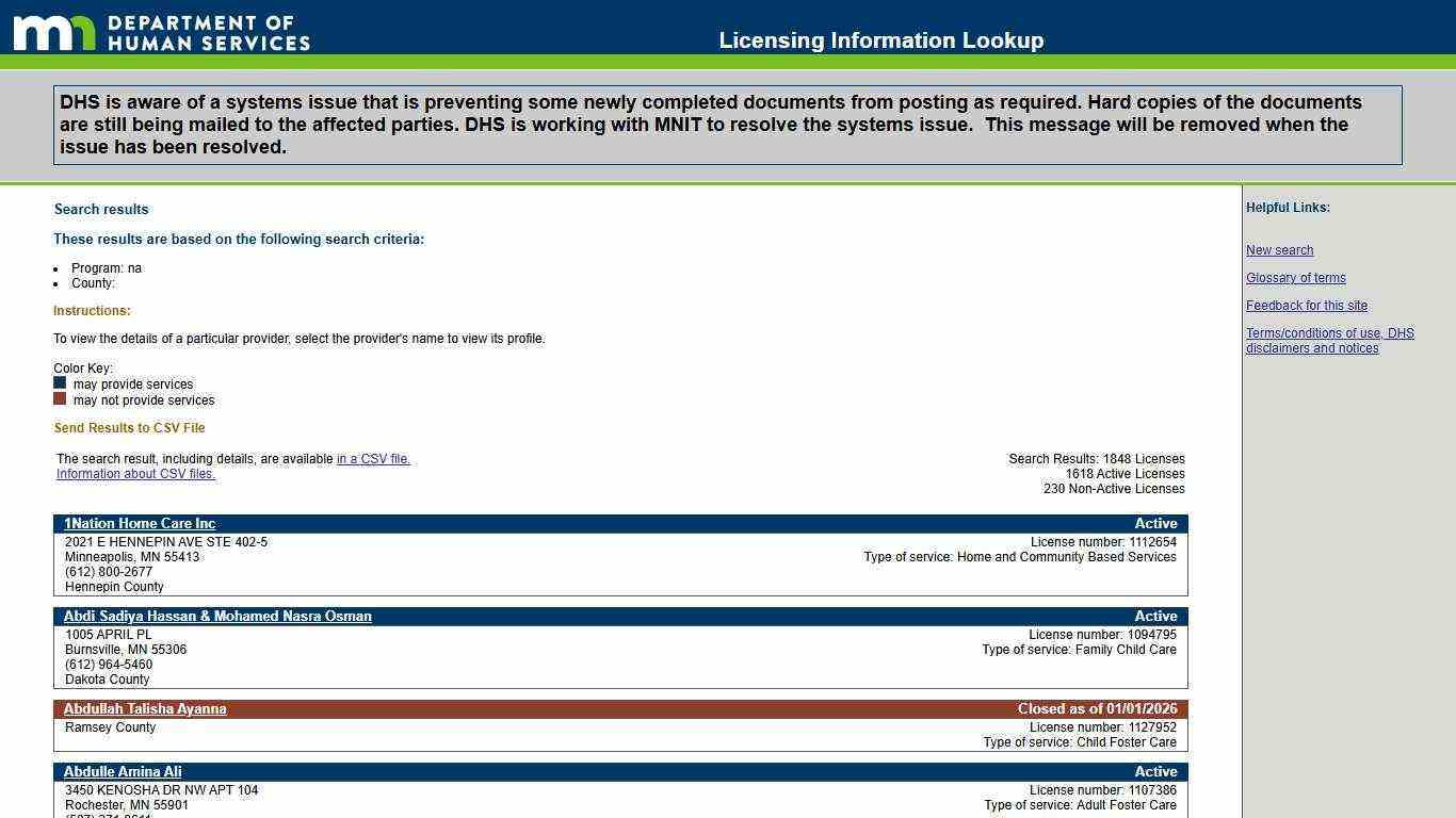 Search results, MN DHS Licensing Info Lookup